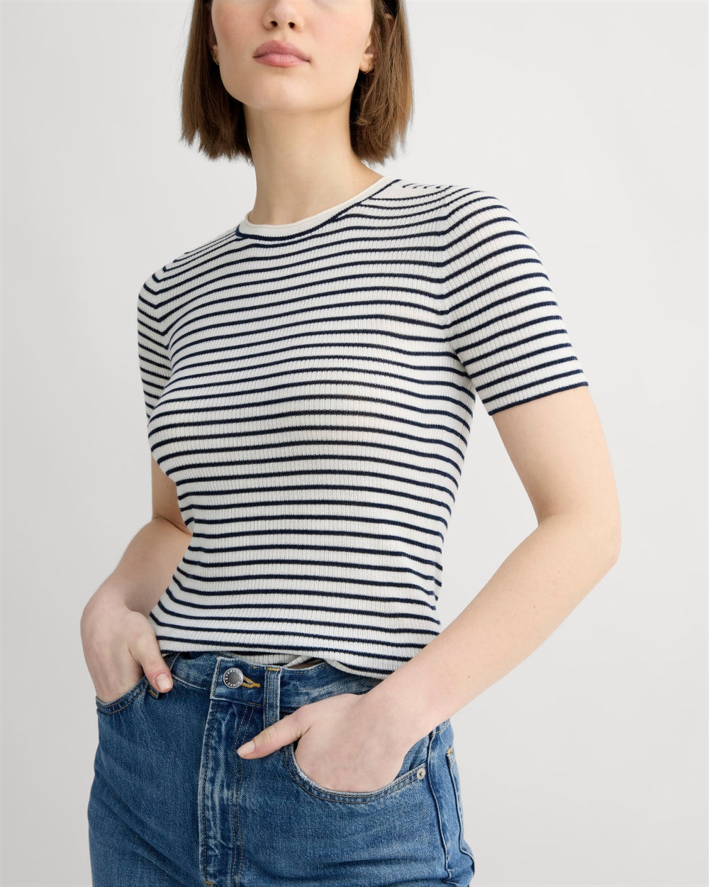 The Sweater Tee in Ultrasoft Merino | Bone/Navy