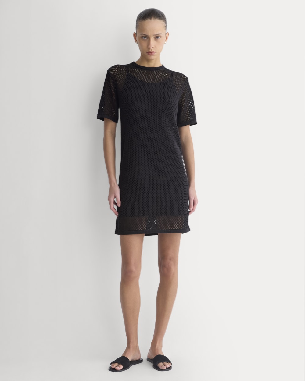 Mesh-Knit Short-Sleeve Dress | Black