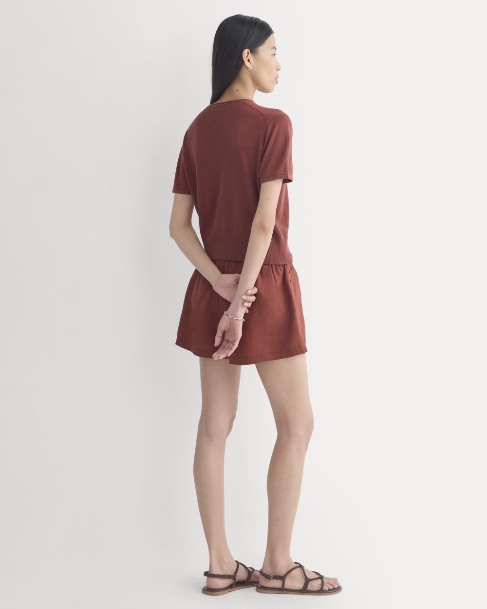 Lace Trim Cardigan in Fine Linen | Henna Red