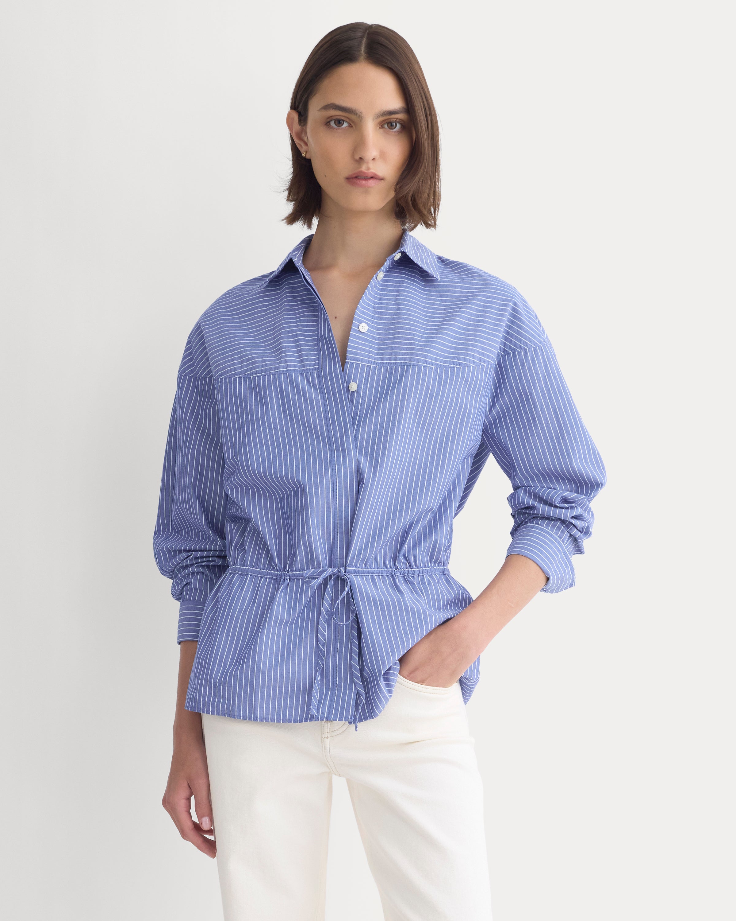 Oversized Cinched Shirt in Ultrasoft Cotton | Mazarine Blue / Optic White