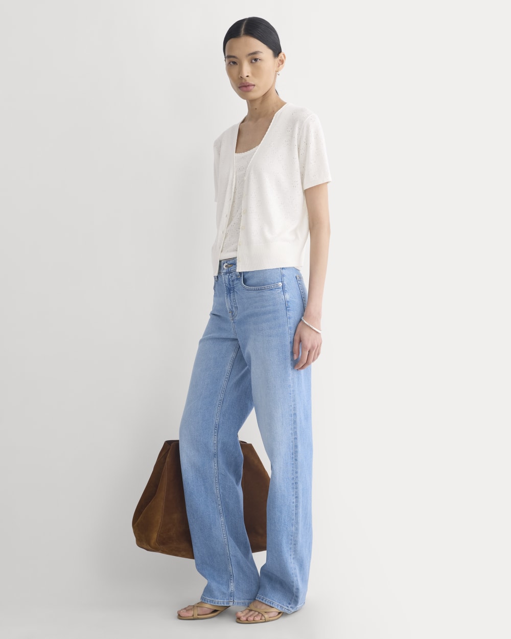 Lace Trim Cardigan in Fine Linen | Bone