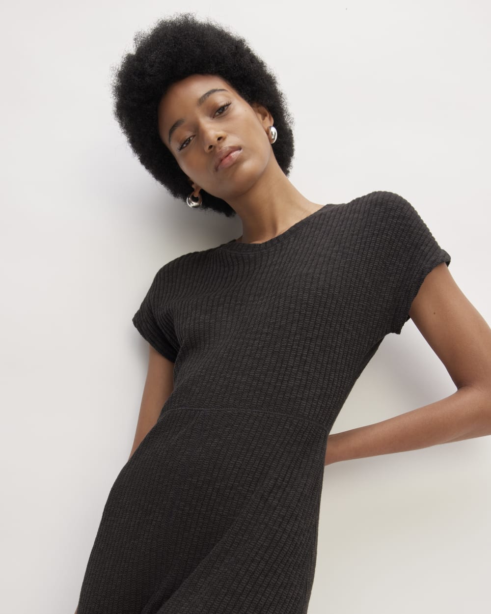 The Rib-Knit Cap-Sleeve Midi Dress | Black