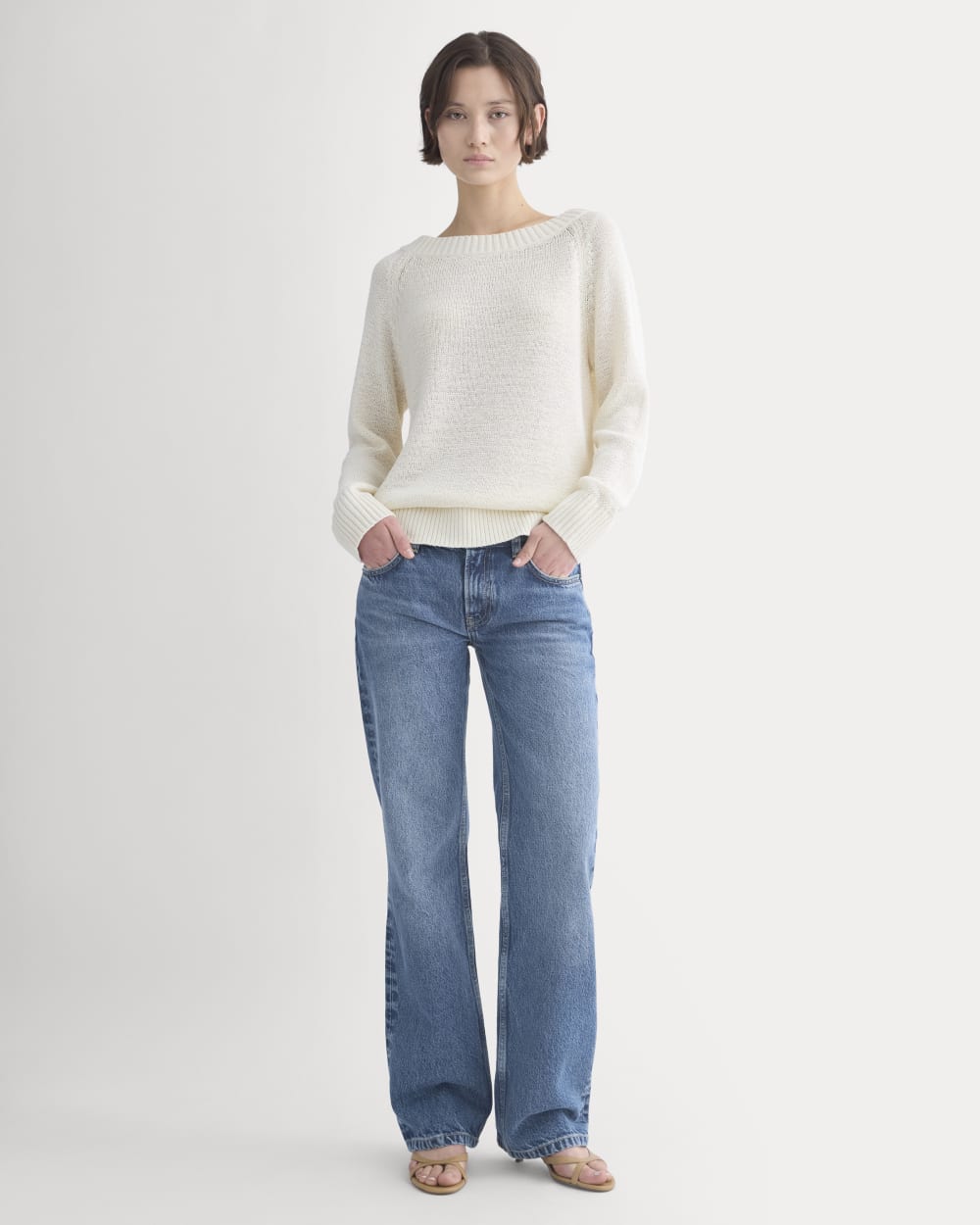 Wide-Neck Crew Sweater in Tape Yarn | Bone