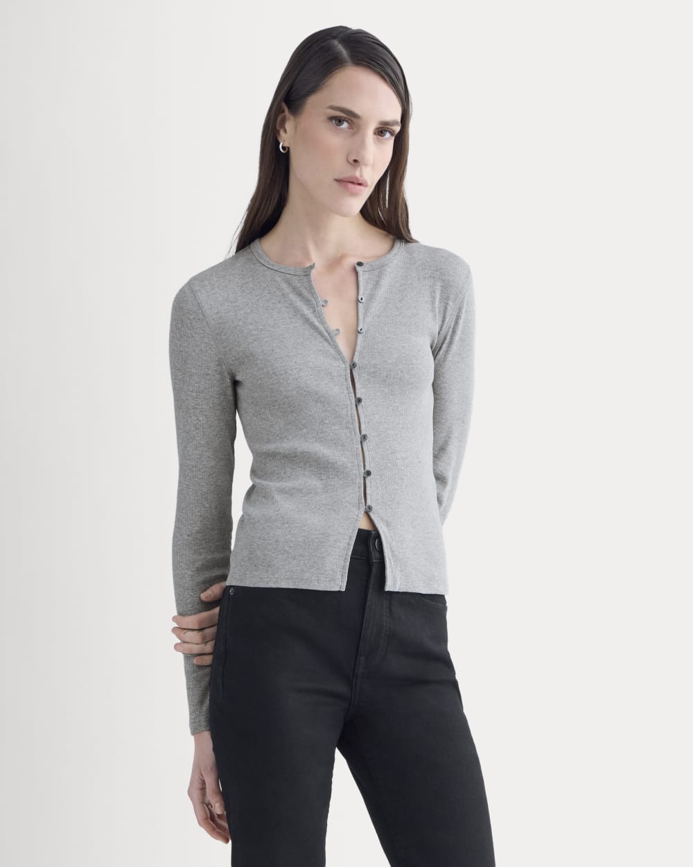 Luxe Rib Button-Up Top | Heathered Light Grey