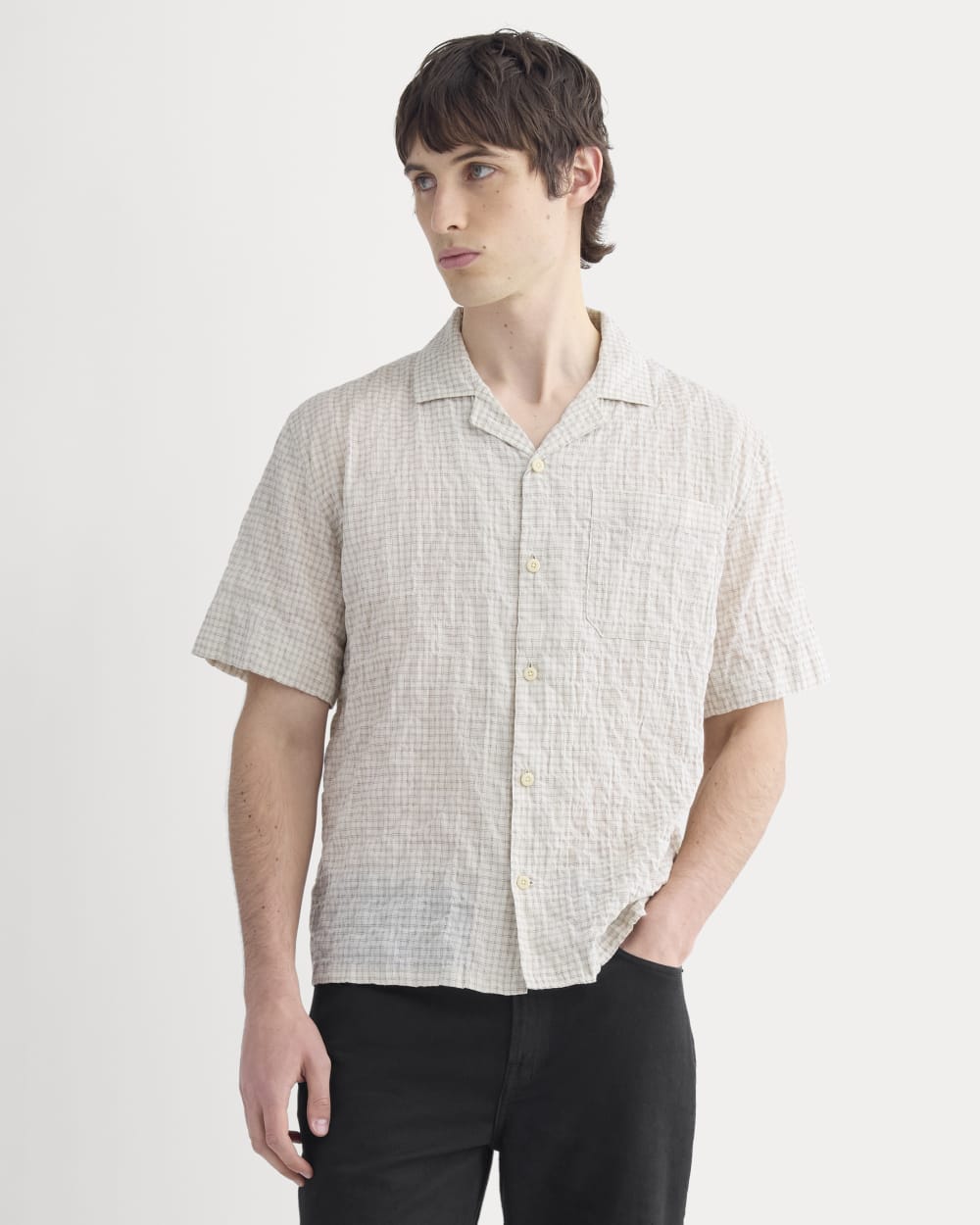 Textured Voile Resort Shirt | Natural Plaid