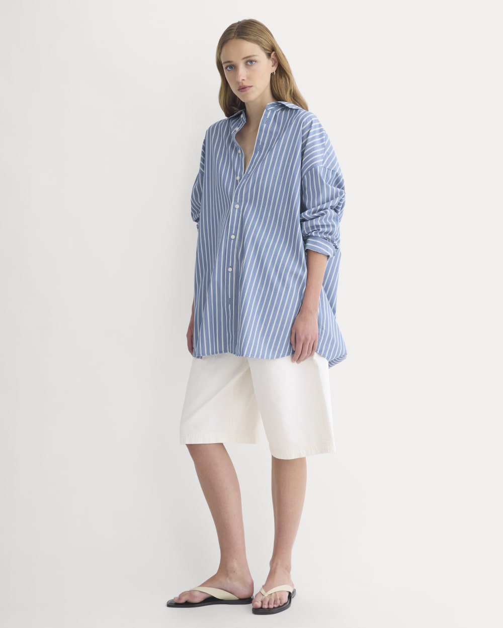 Back-Tie Oversized Shirt in Washed Poplin | Dutch Blue / Bone