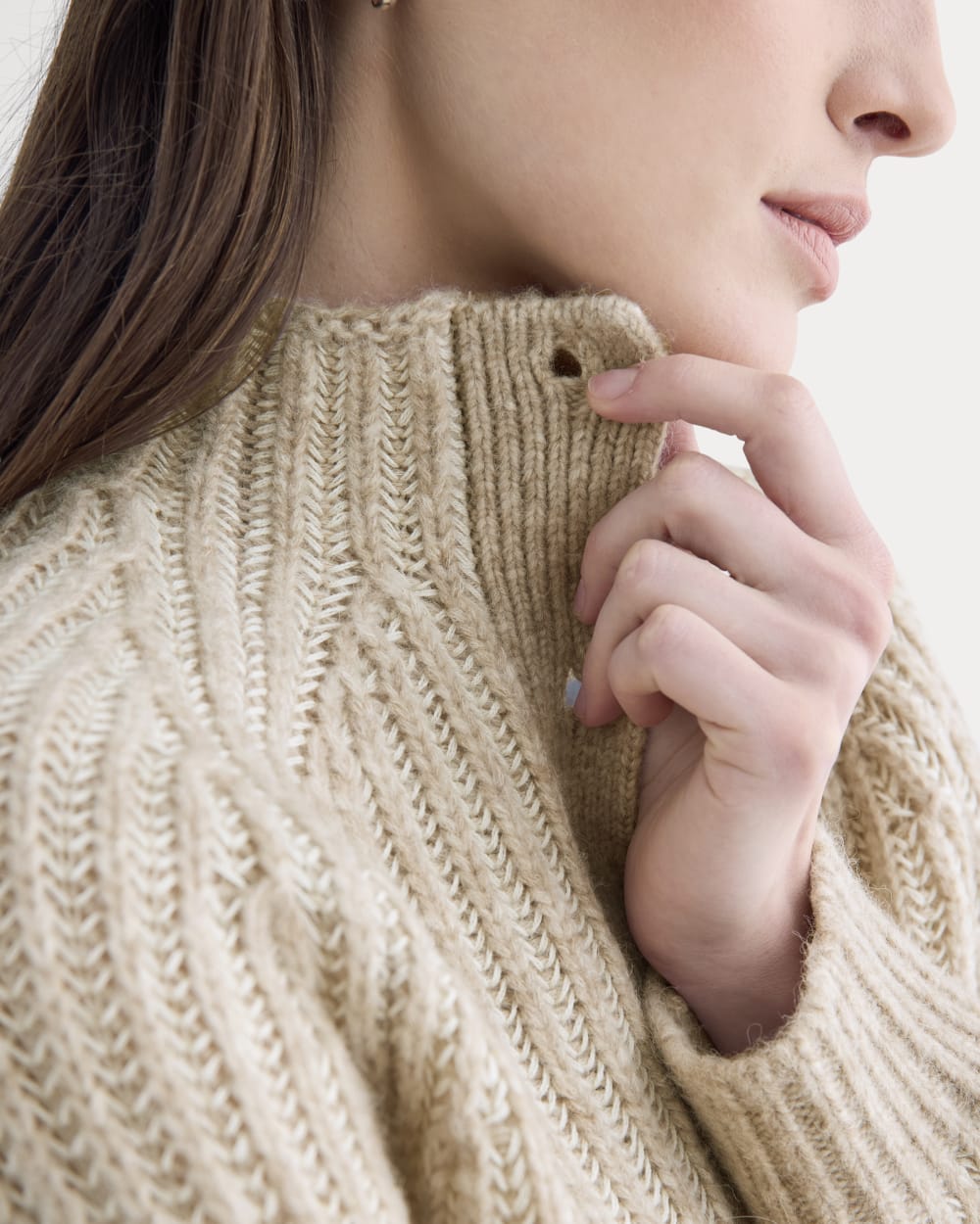 Funnel-Neck Ribbed Henley Sweater | Heathered Almond / Bone Vertical Stripe