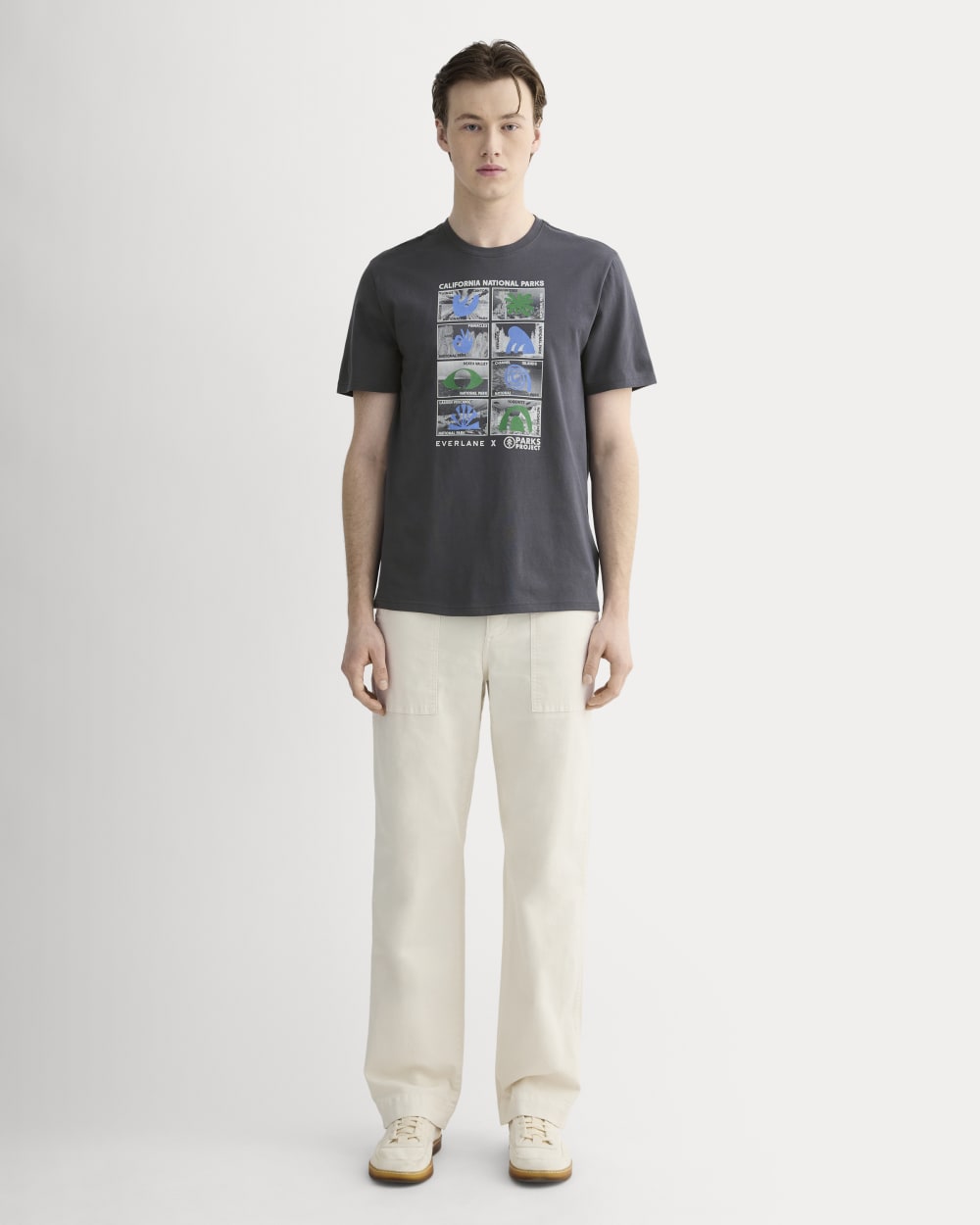 The Everlane x Parks Project Essential Organic Crew | Forged Iron / Natural / Granada Sky Blue / Green