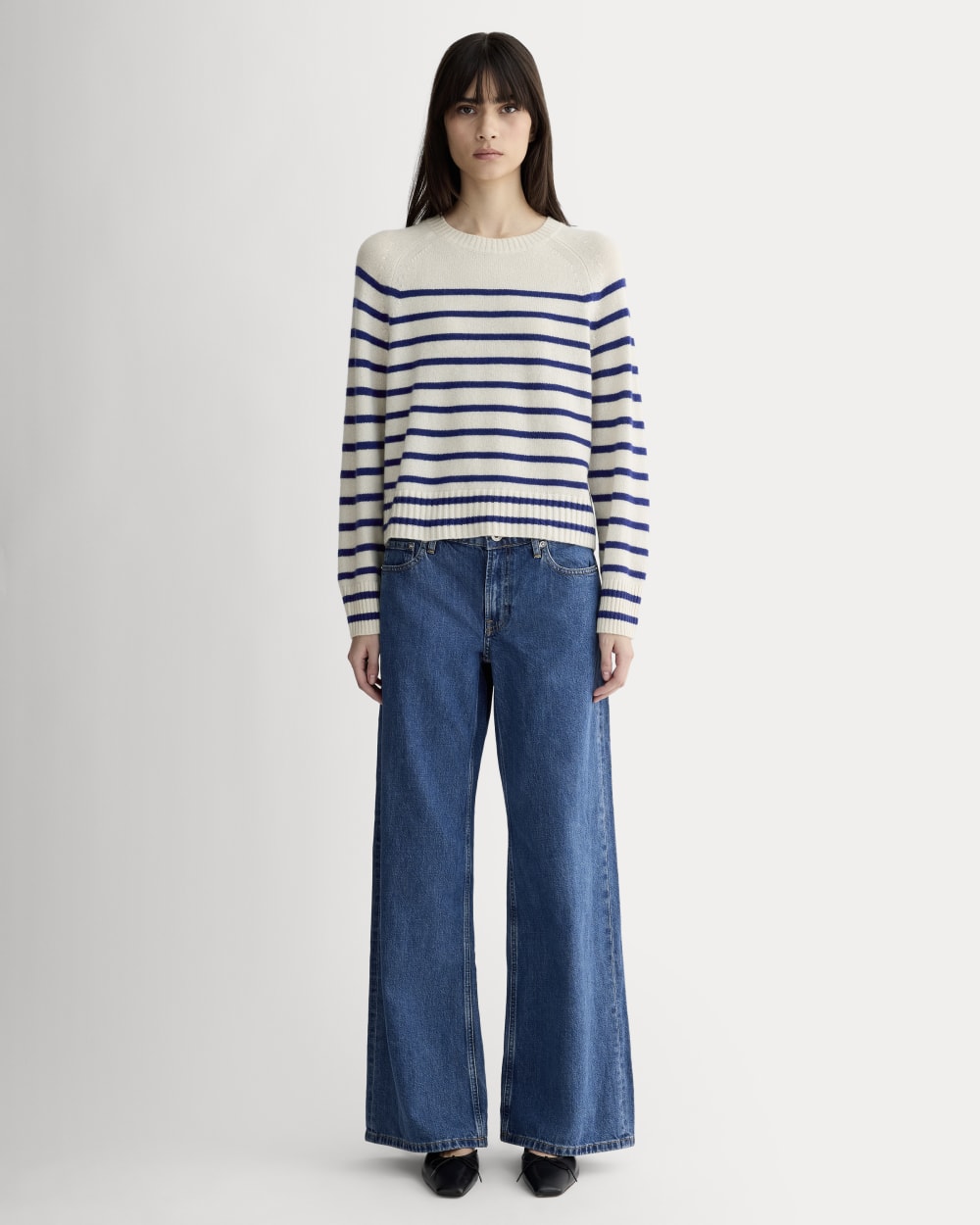 The Boxy Crew in Cashmere | Soft White / Deep Blue