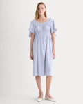 The Flutter-Sleeve Dress in Stretch Linen | White / Dutch Blue
