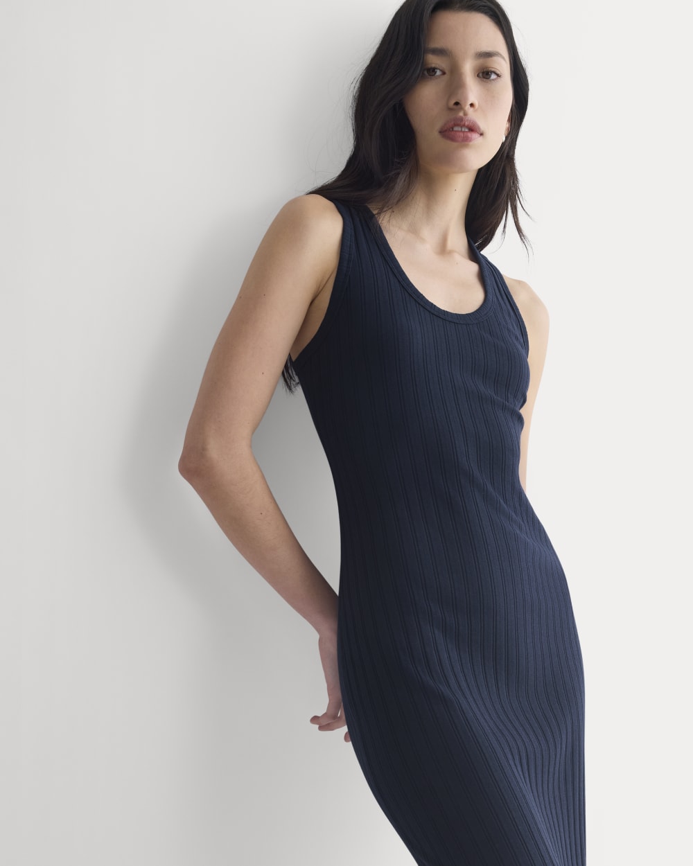 Scoop-Neck Midi Dress in Pointelle Knit | Deep Navy