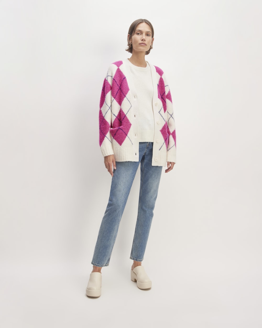 The SuperFuzz Alpaca Cardigan | Bone / Fuchsia Pink / Ocean Cavern